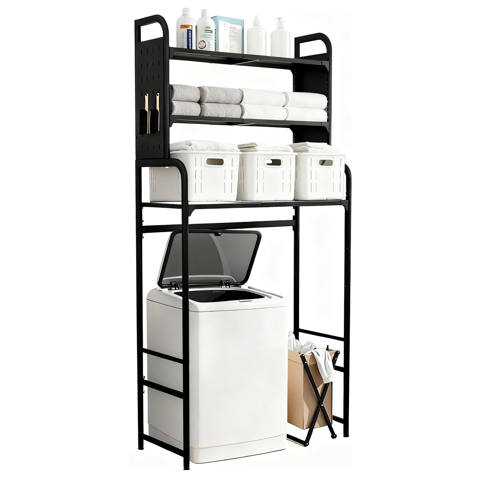 新商品 深いグレー 日本語の説明書付き 洗濯機上収納棚 多用途 大承重 有孔ボード付き 51 81cm 幅伸縮タイプ 3段階に高さ調節 収納棚 ランドリー ラック 洗濯機 Bounvi