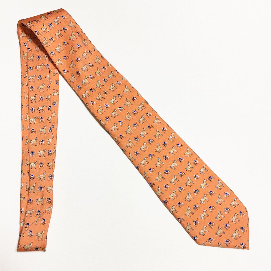 未使用級 エルメス HERMES ネクタイ シルク100% オレンジ アニマル柄