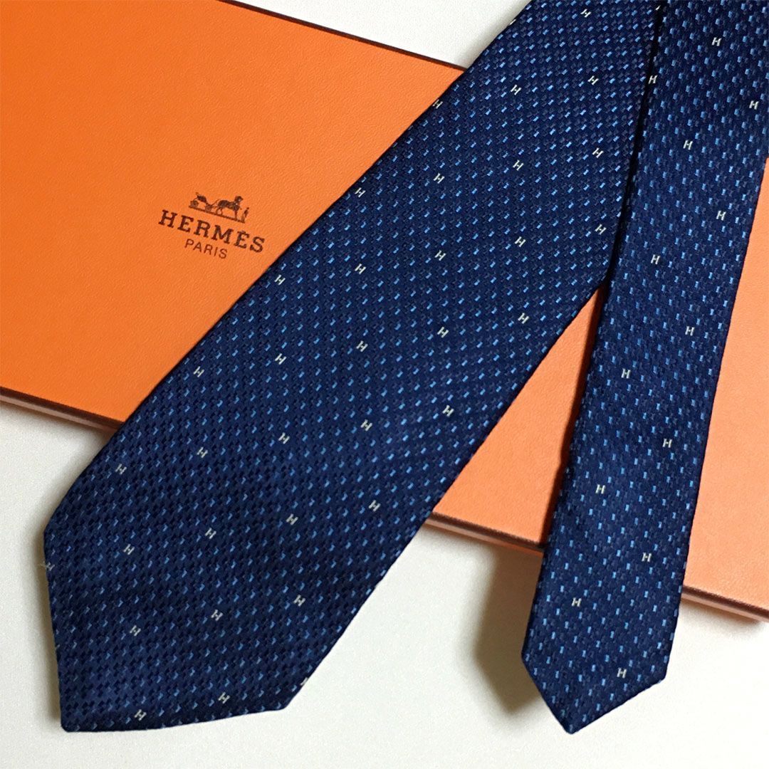 未使用級 エルメス HERMES ネクタイ シルク ネイビー オレンジ H柄