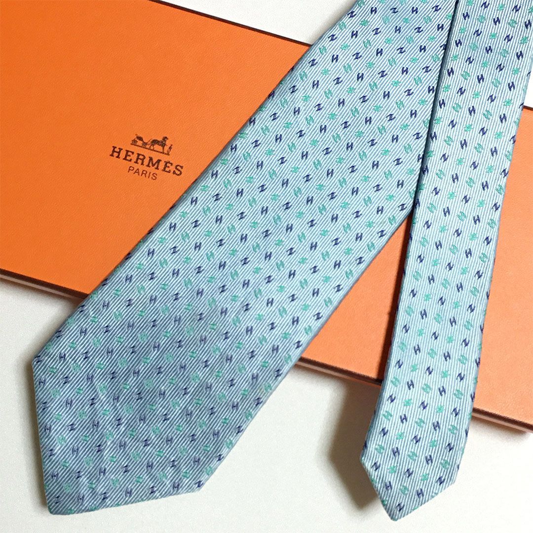 未使用級 エルメス HERMES ネクタイ シルク100% ライトブルー H柄 2511