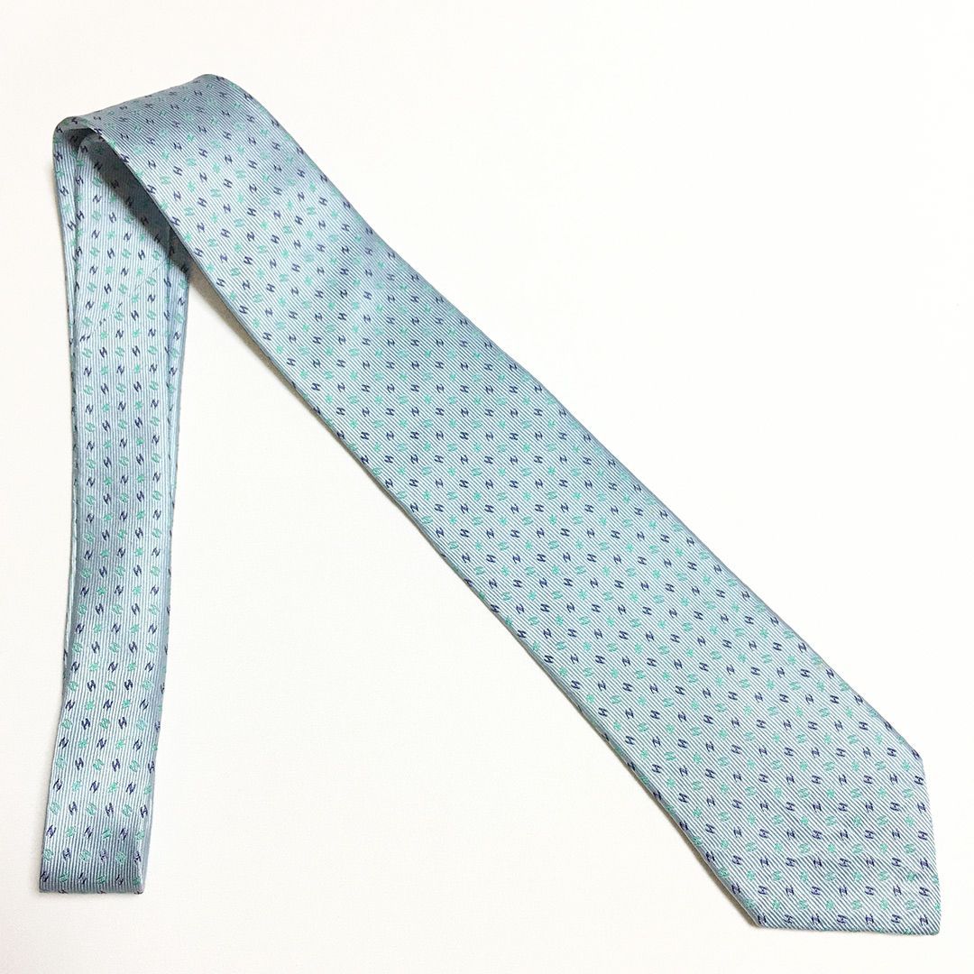 未使用級 エルメス HERMES ネクタイ シルク100% ライトブルー H柄 2511
