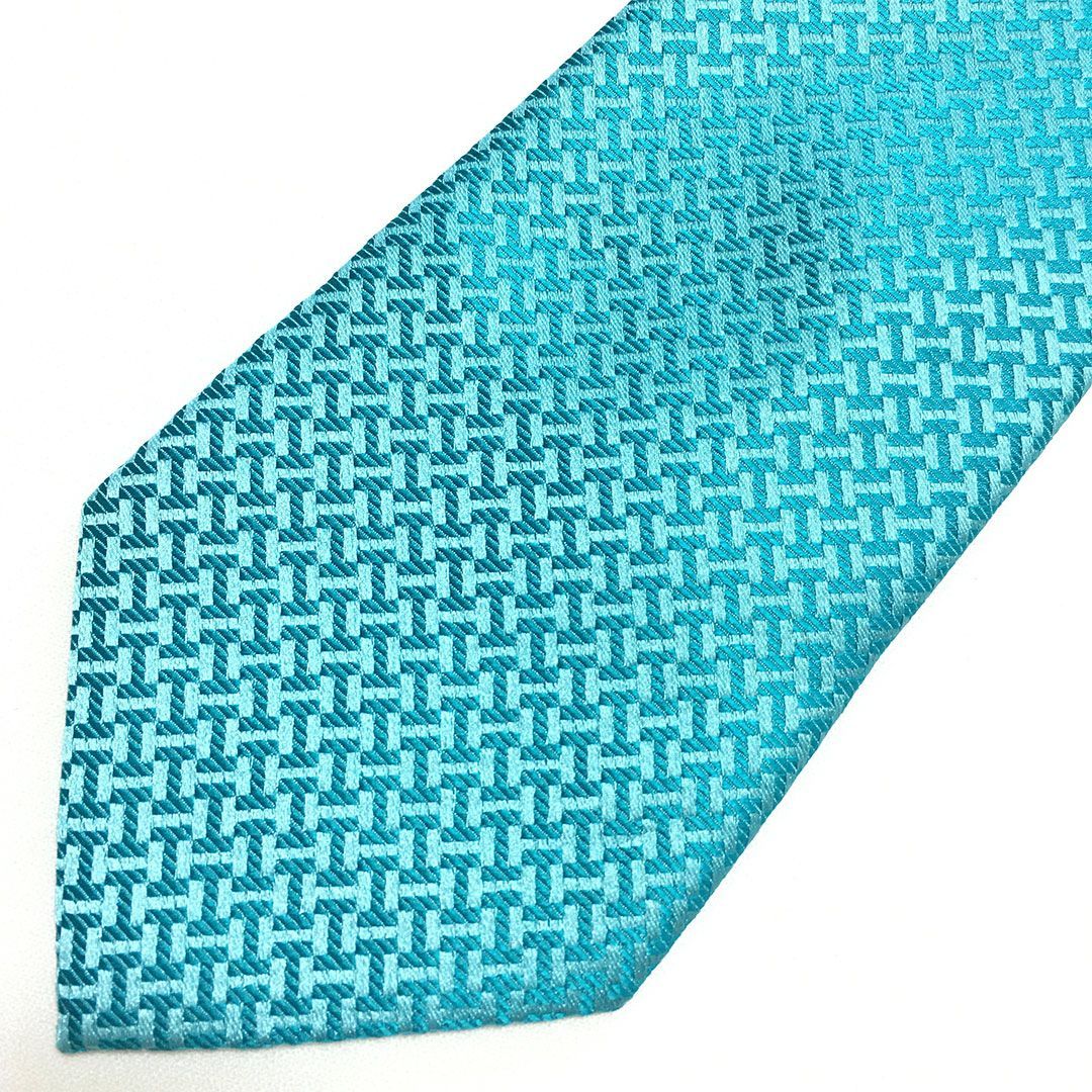 未使用級 エルメス HERMES ネクタイ シルク100% ターコイズブルー H柄