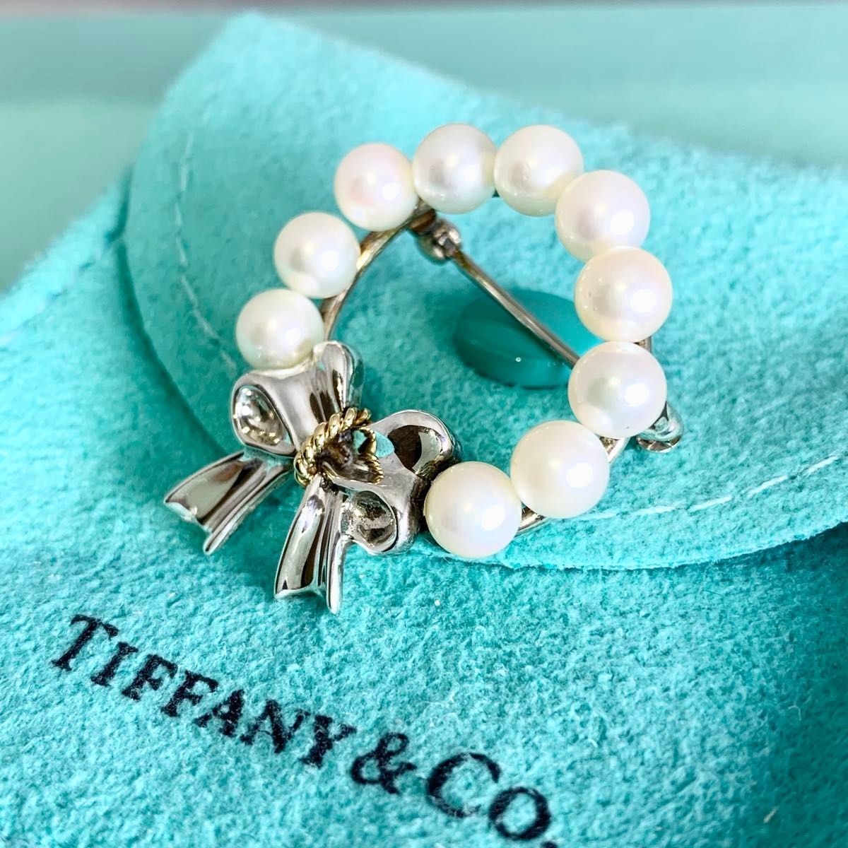 ティファニー925/750アコヤパールリボンリースブローチ　共箱付き オールドティファニー パール リボン リース ブローチ シルバー WI2