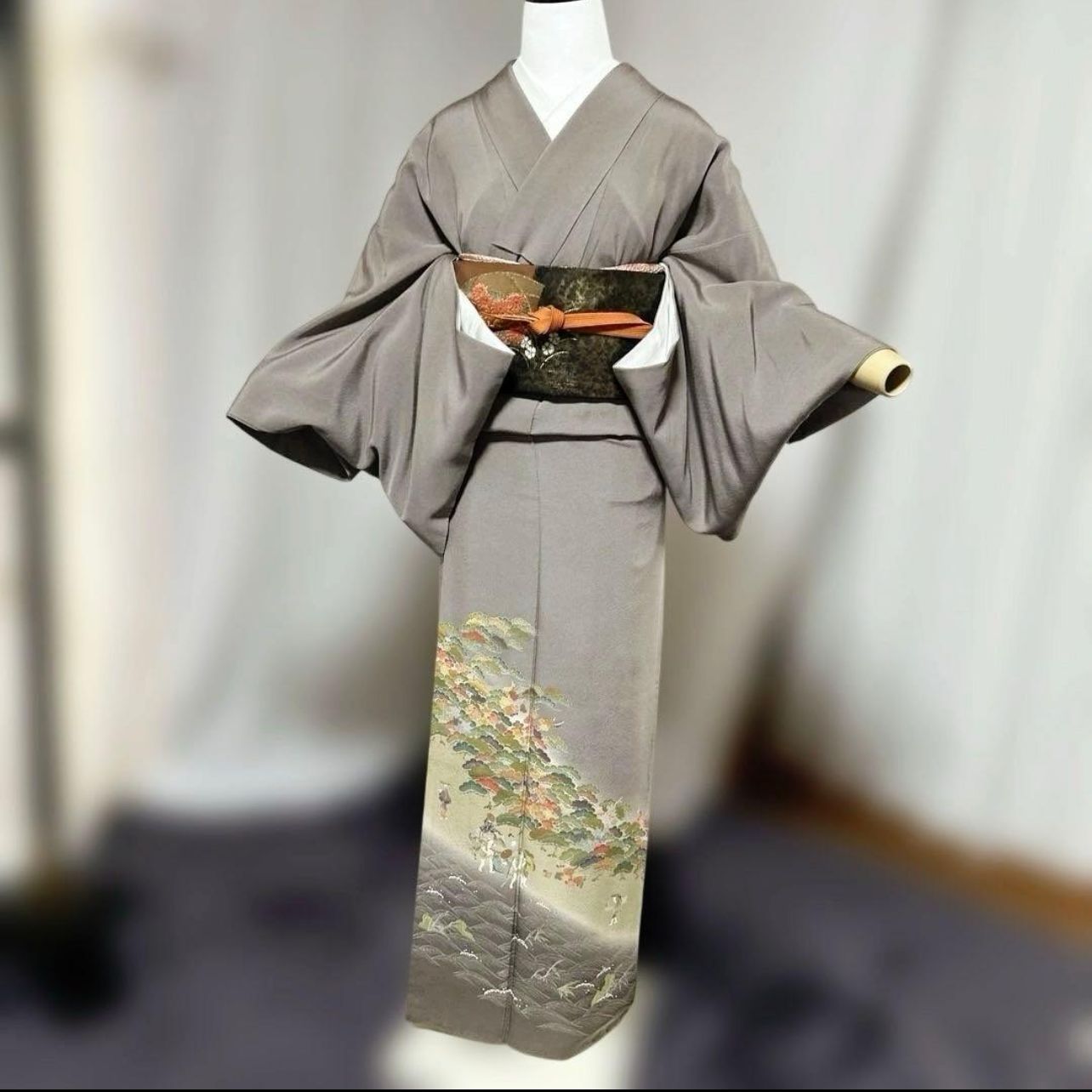 美品 袷 正絹 作家 縮緬 友禅 訪問着 フルセット 西陣唐織漆箔袋帯