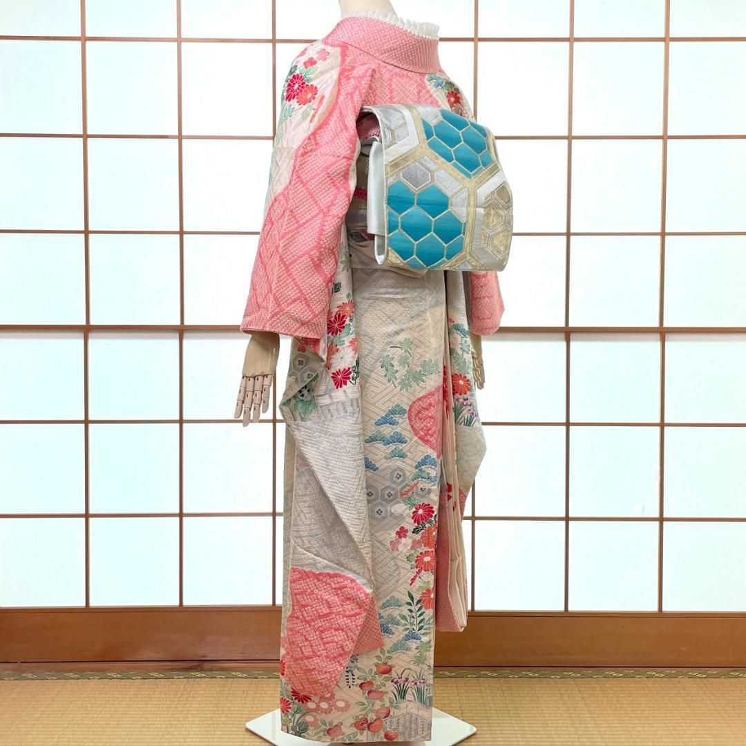 振袖・長襦袢 2点セット 正絹 絞り 刺繍 金彩 四季草花 オフホワイト