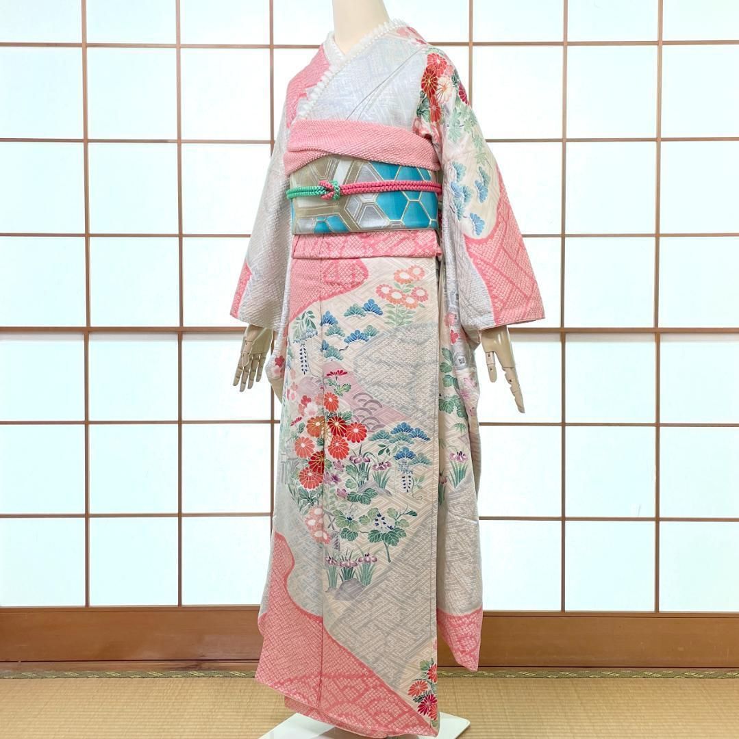 専用Y3495◇美品 正絹 金糸刺繡 手縫い仕立て 振袖・長襦袢２点セット 振袖・長襦袢 2点セット 正絹 絞り 刺繍 金彩 四季草花 オフホワイト