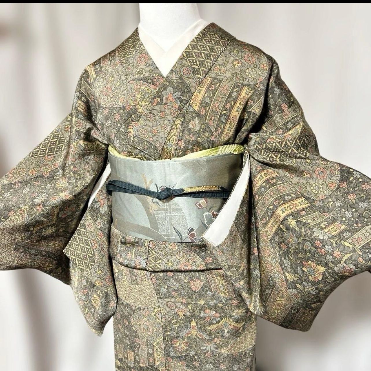 美品 袷 正絹 縮緬 江戸更紗 オリエンタル 小紋 フルセット 西陣唐織