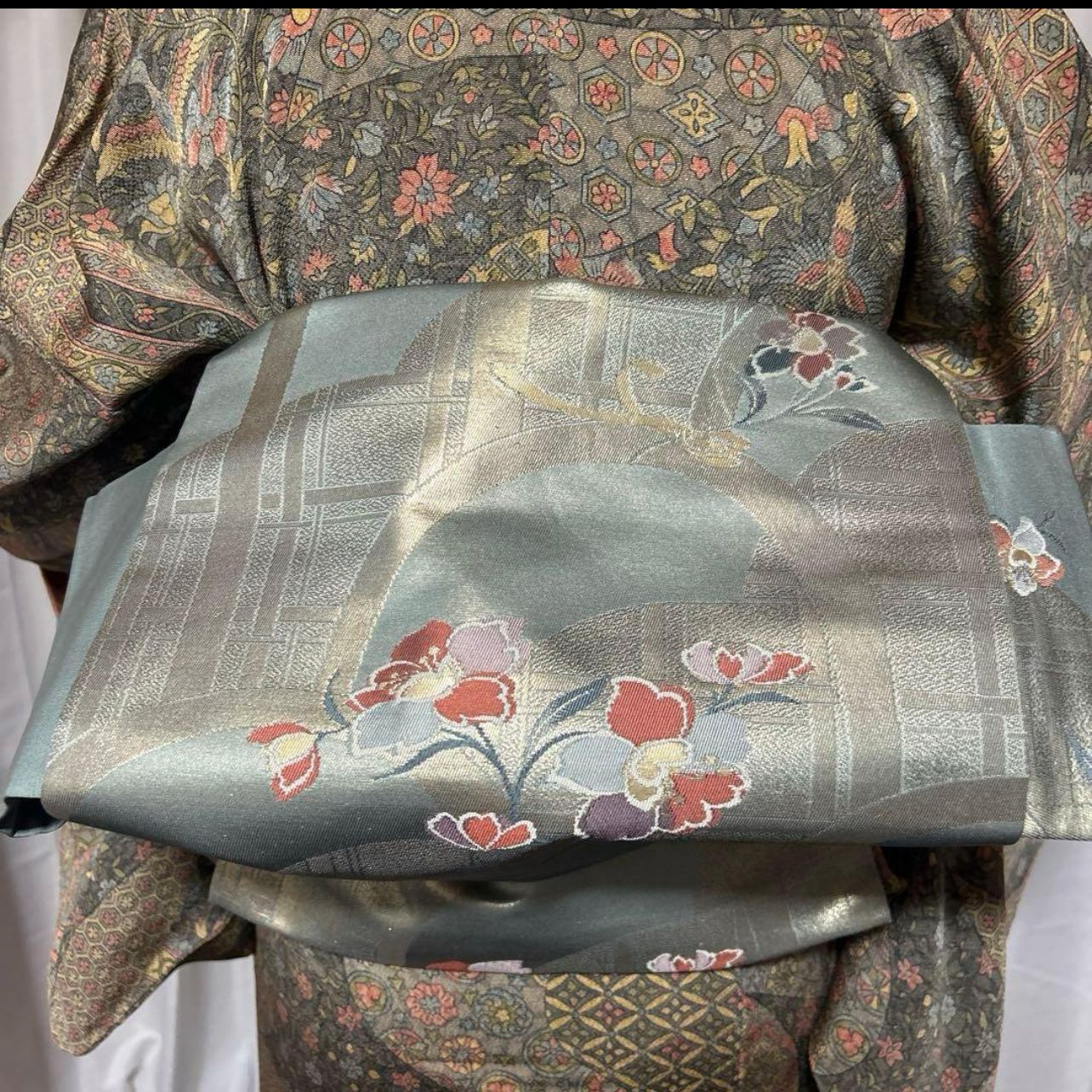 美品　袷　正絹　紅型風友禅　縮緬　江戸更紗　小紋　フルセット　西陣唐織漆箔袋帯 美品 袷 正絹 縮緬 江戸更紗 オリエンタル 小紋 フルセット 西陣唐織