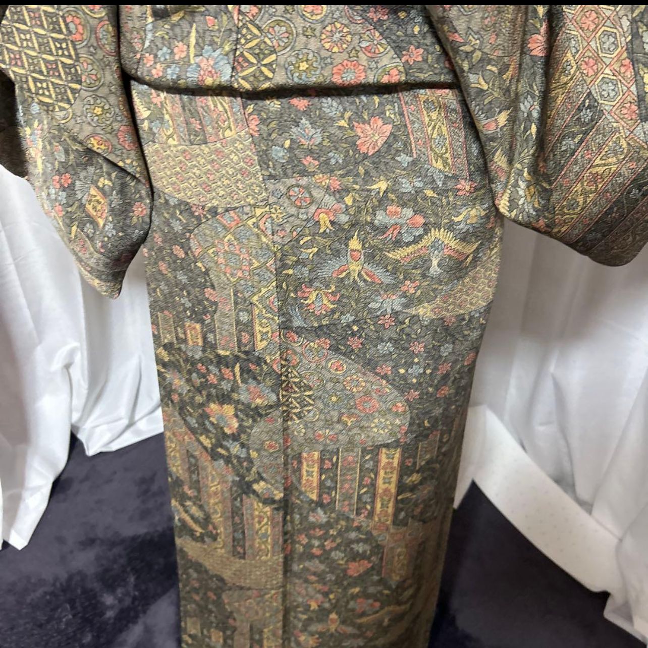 美品 袷 正絹 縮緬 江戸更紗 オリエンタル 小紋 フルセット 西陣唐織