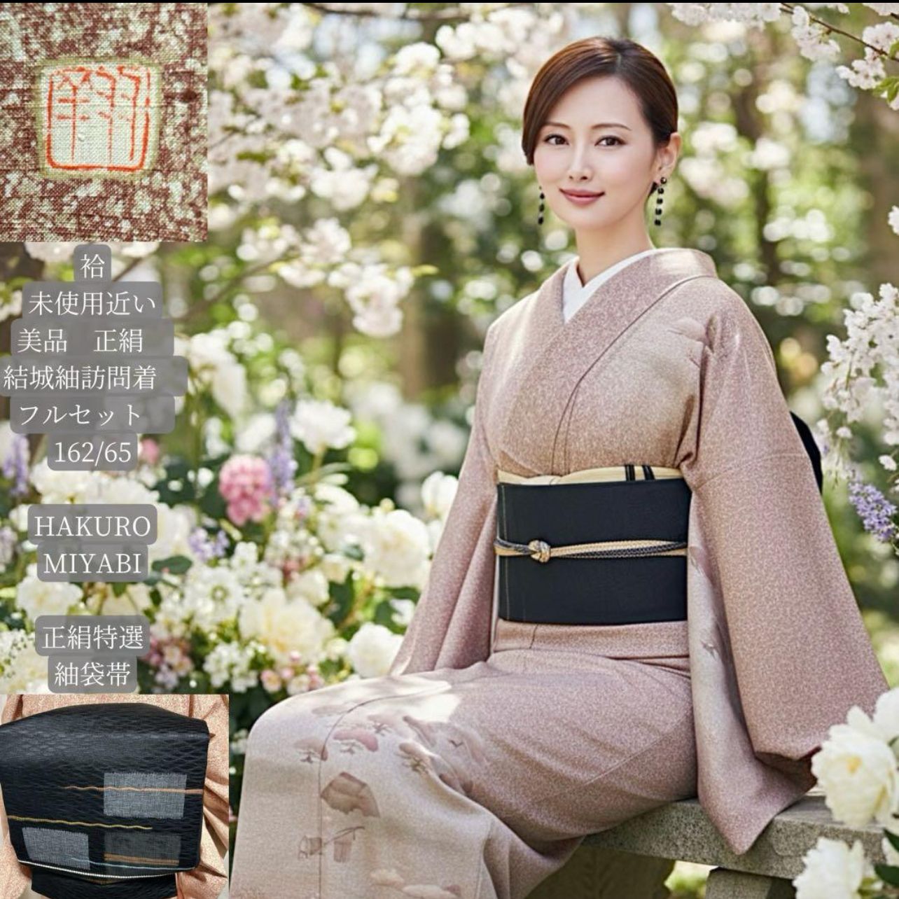 未使用近い 美品 袷 正絹 作家 結城紬 訪問着 フルセット 正絹特選紬