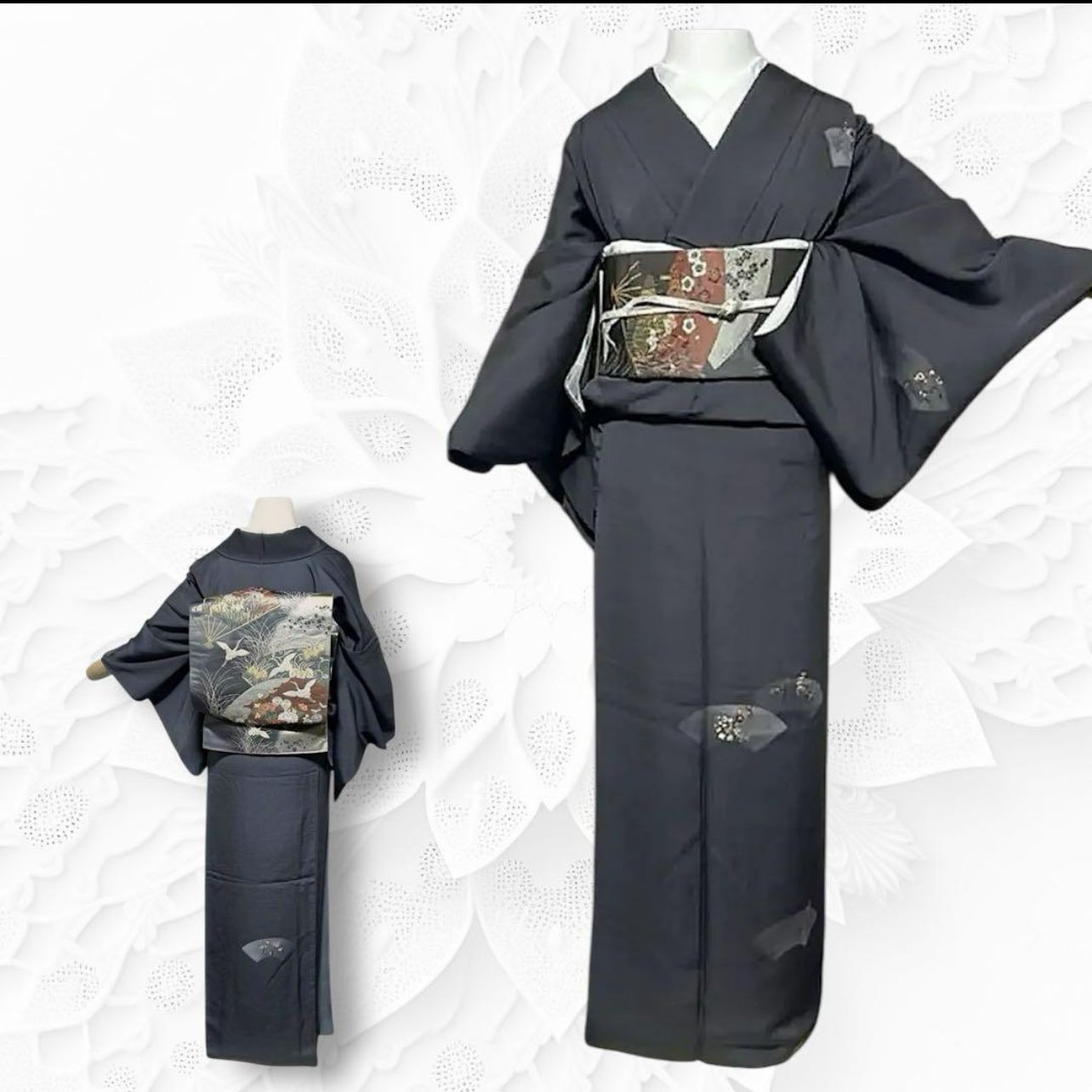 美品 袷 正絹 蘇州刺繍 縮緬 訪問着 フルセット 西陣唐織漆箔袋帯 裄68