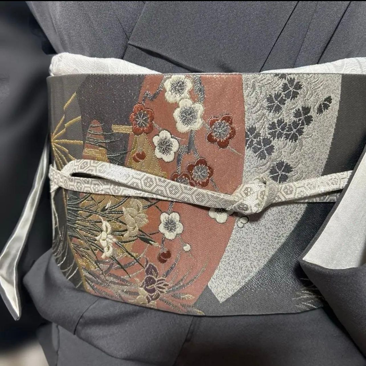 美品 袷 正絹 蘇州刺繍 縮緬 訪問着 フルセット 西陣唐織漆箔袋帯 裄68