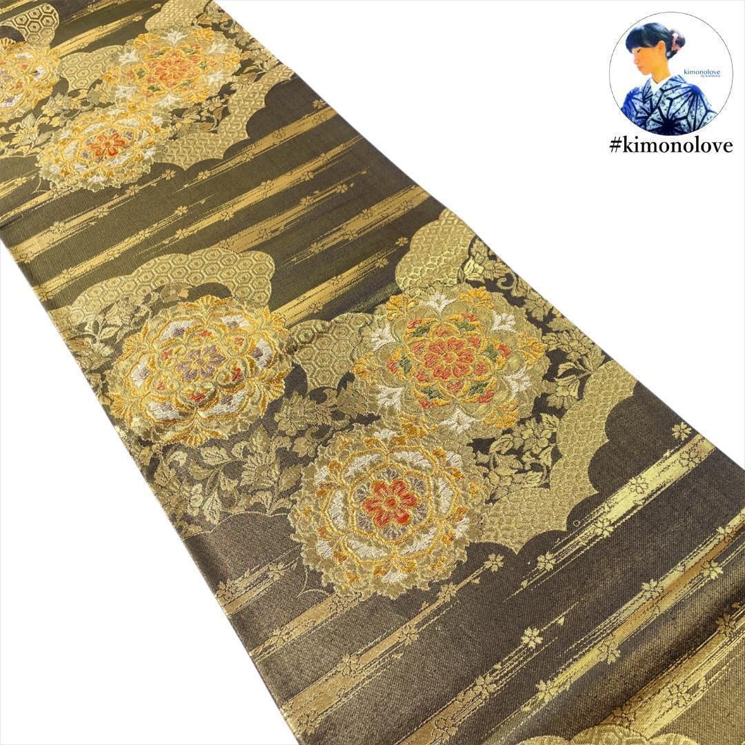 袋帯 正絹 金糸 華紋 桜 霞 ブラック ゴールド 振袖 成人式 フォーマル着物 kimonolove リユース品 オゾン消臭サービス AO-0007