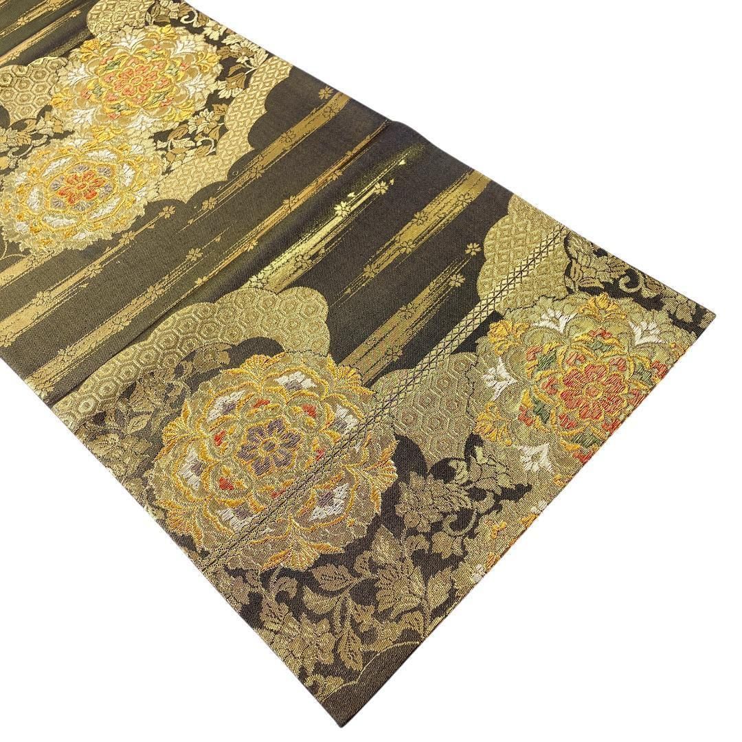  袋帯 正絹 金糸 華紋 桜 霞 ブラック ゴールド 振袖 成人式 フォーマル着物 kimonolove リユース品 オゾン消臭サービス AO-0007 袋帯 帯