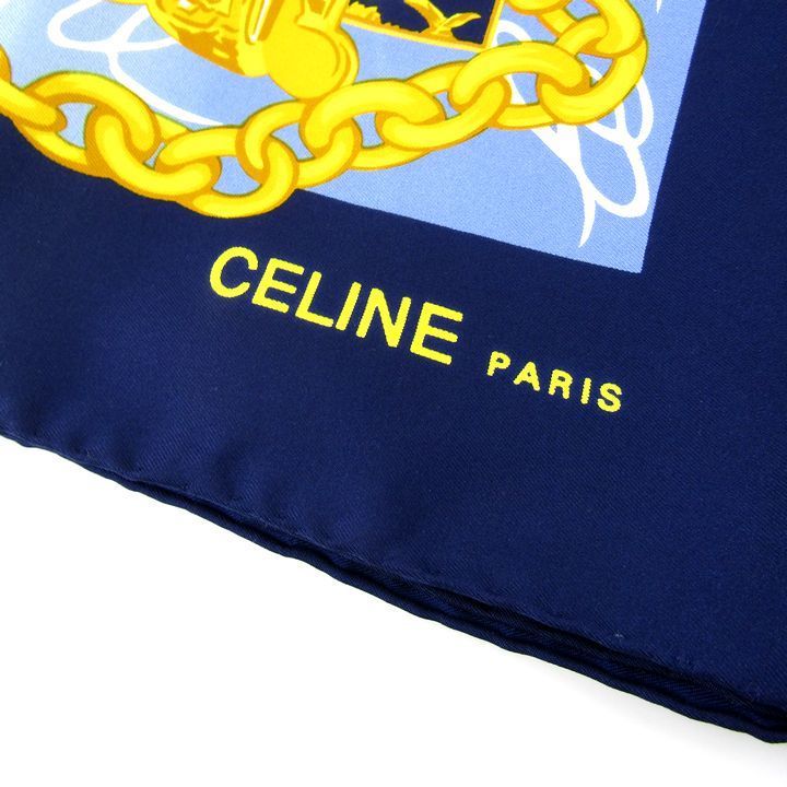 CELINE セリーヌ 花と鳥のプリント 大判スカーフ ネイビー CELINE