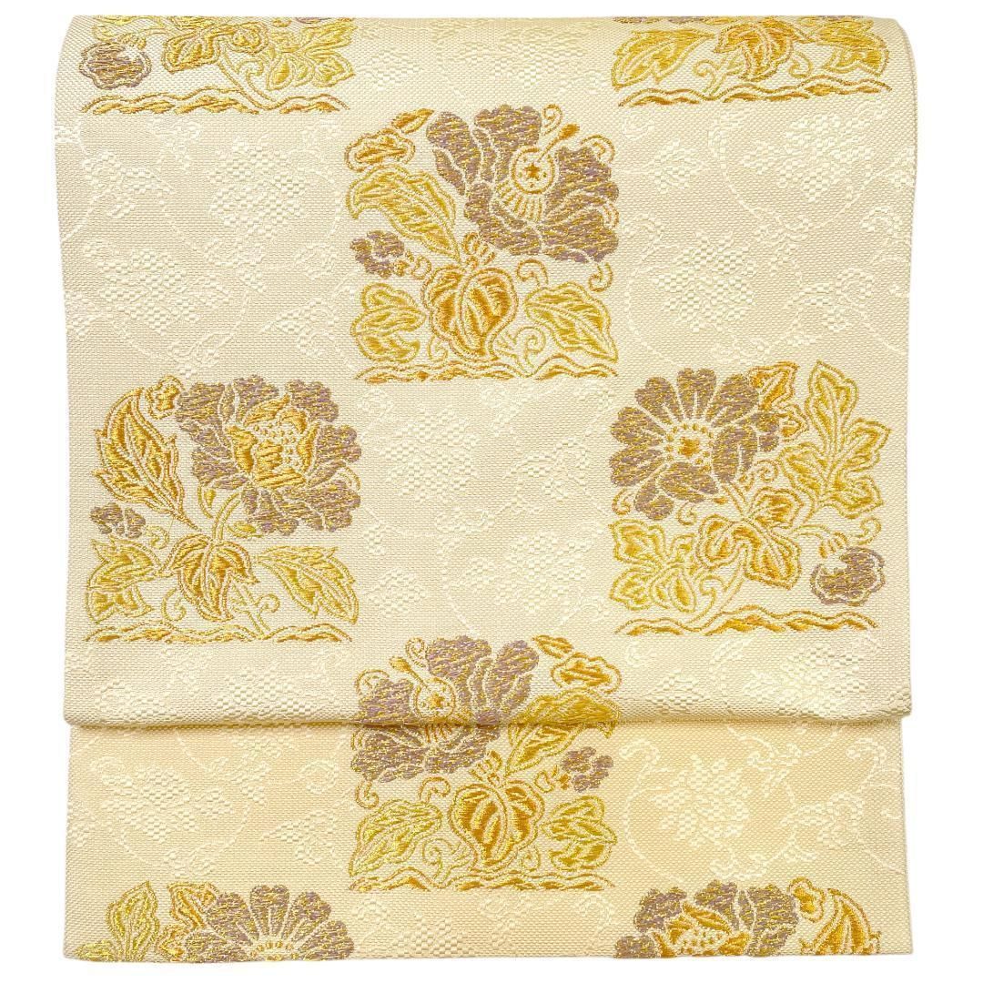 袋帯 西陣織 本家加納織物謹製 正絹 金糸 市松 花 更紗 淡いクリーム