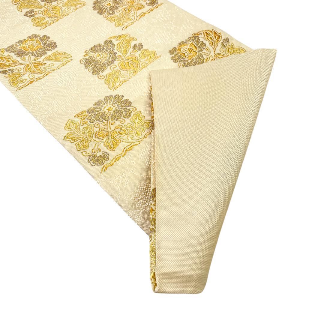 袋帯 西陣織 本家加納織物謹製 正絹 金糸 市松 花 更紗 淡いクリーム