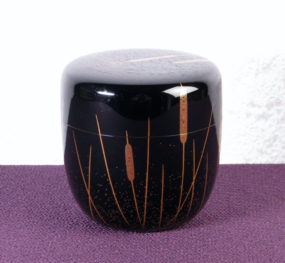 輪島塗 山口和弘作 蒲穂蜻蛉蒔絵中棗 内銀塗 底銘入 美品 共箱・共布