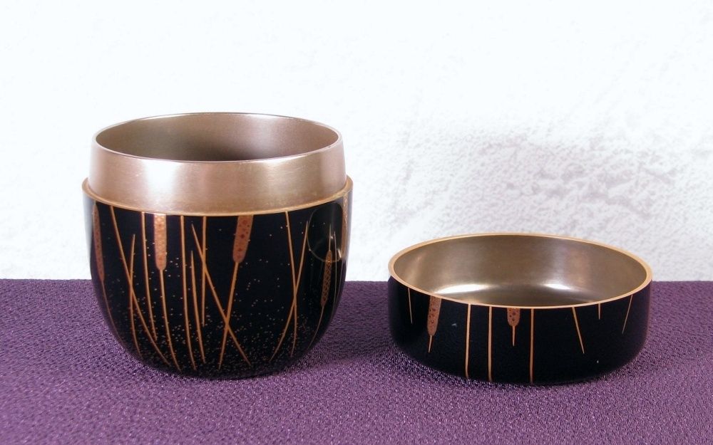 輪島塗 山口和弘作 蒲穂蜻蛉蒔絵中棗 内銀塗 底銘入 美品 共箱・共布