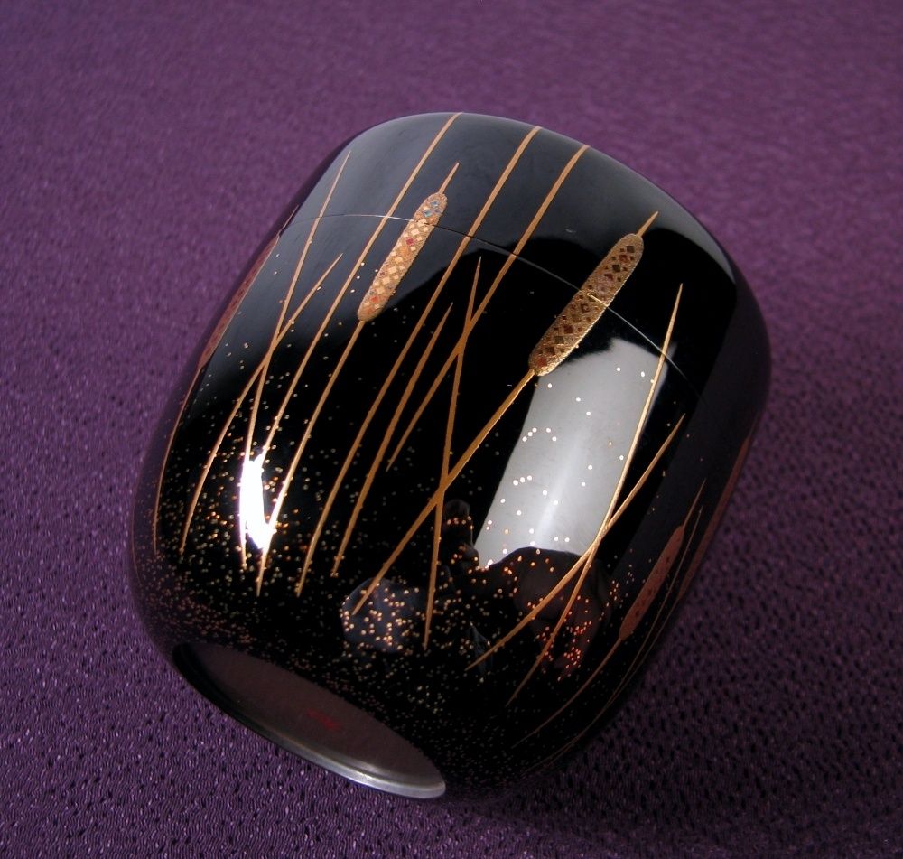 輪島塗 山口和弘作 蒲穂蜻蛉蒔絵中棗 内銀塗 底銘入 美品 共箱・共布