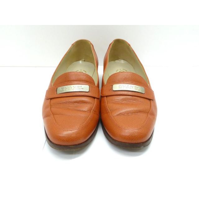 CHANEL シャネル オレンジぺブルグレイン レザー ローファー