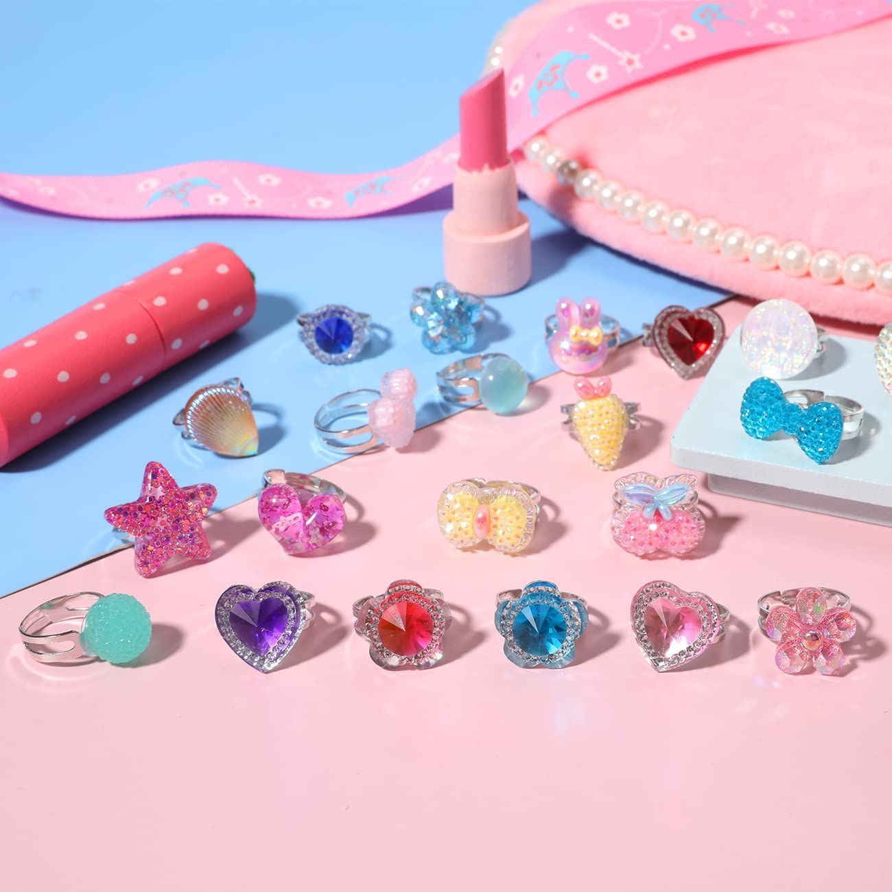【人気商品】おもちゃ 女の子リング サイズ調節可能 収納ボックス付き 宝石 かわいいジュエリー指輪セット 子供用 縁日 景品 お祭り [LONGSHINING] ハロウィン クリスマス ファッション 混合セット