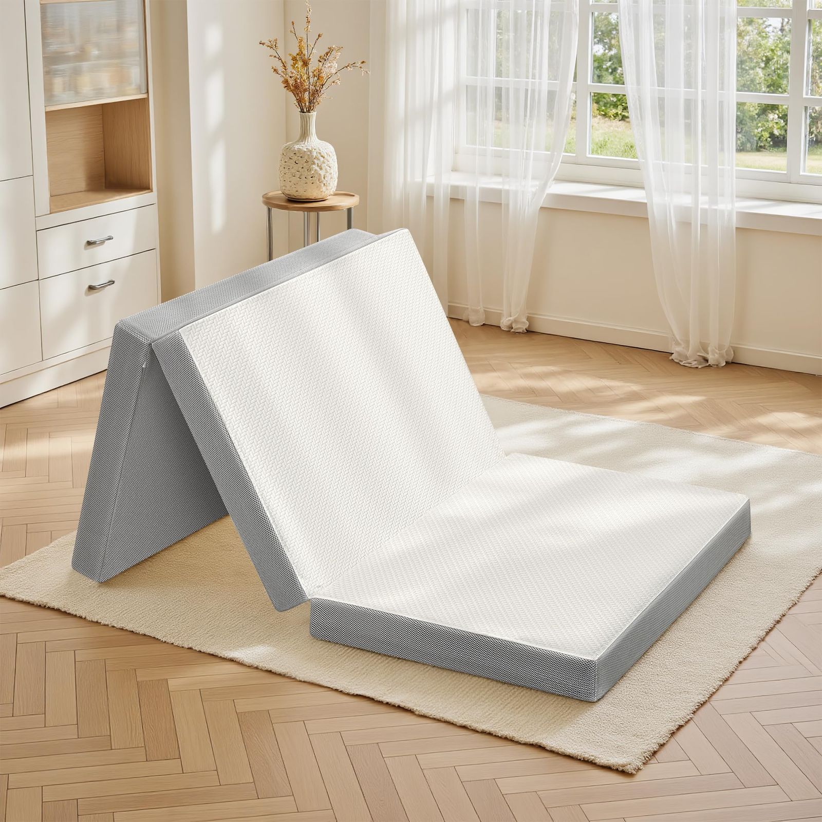 マットレス シングル 3つ折り ATOPEN 高反発マットレス 厚10 cm 折り畳みマットレス 密度32 D 硬さ180 N 250 ２層構造 洗えるカバー 竹炭消臭 敷布団 97 x 195 10 ホワイト