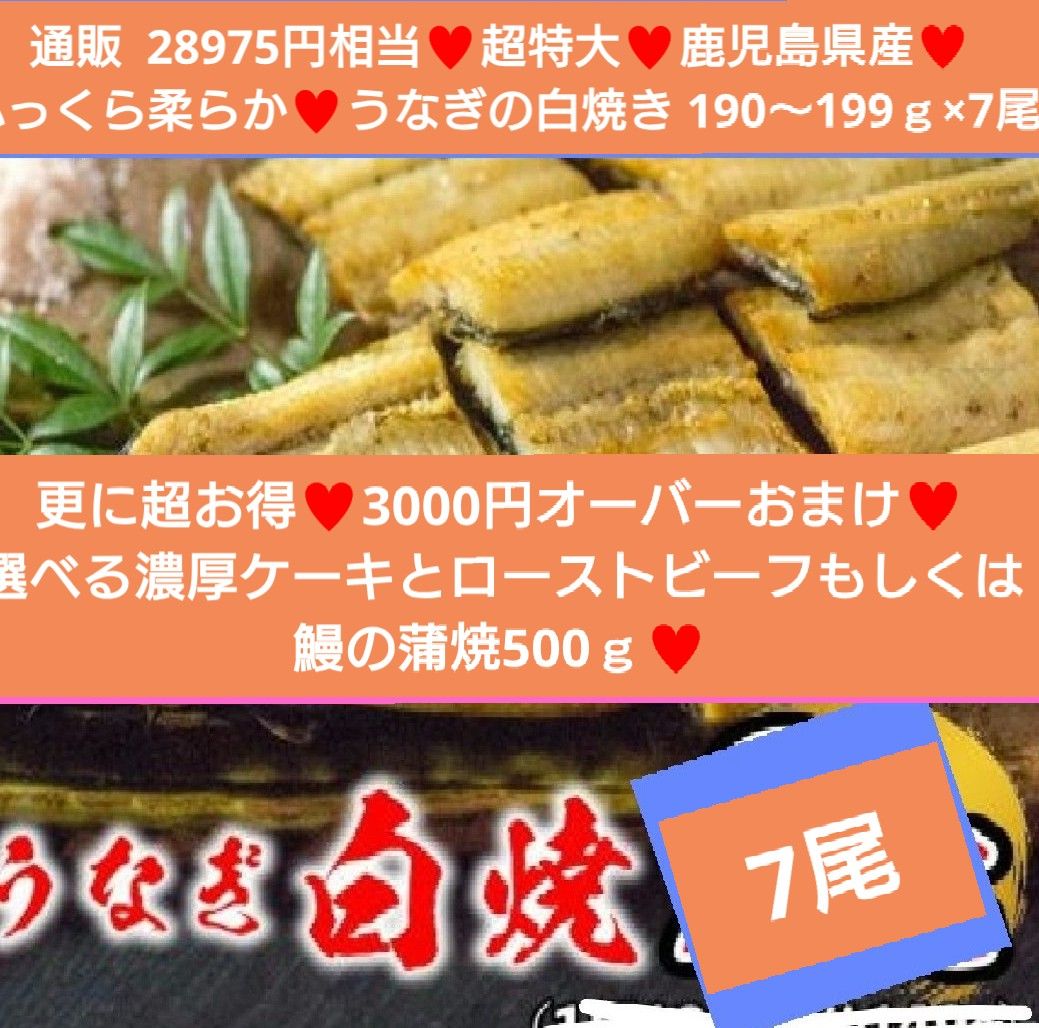 おまけページ 豪華おまけ2点付き！鰻の白焼き 190g～199g×7尾 うなぎ 白