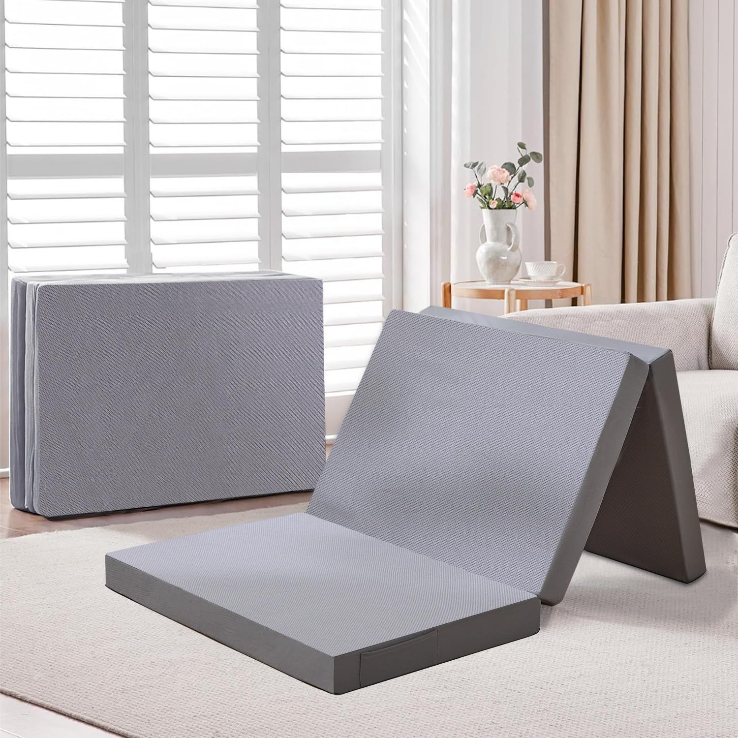 三つ折りマットレス セミシングル 硬め190 N 高反発で腰サポート 厚10 cm 体圧分散 滑り止め加工 抗菌防臭 洗えるカバー 通気性 オールシーズン対応 コンパクト収納 軽量 5年保証 120 x 195 10 グレー