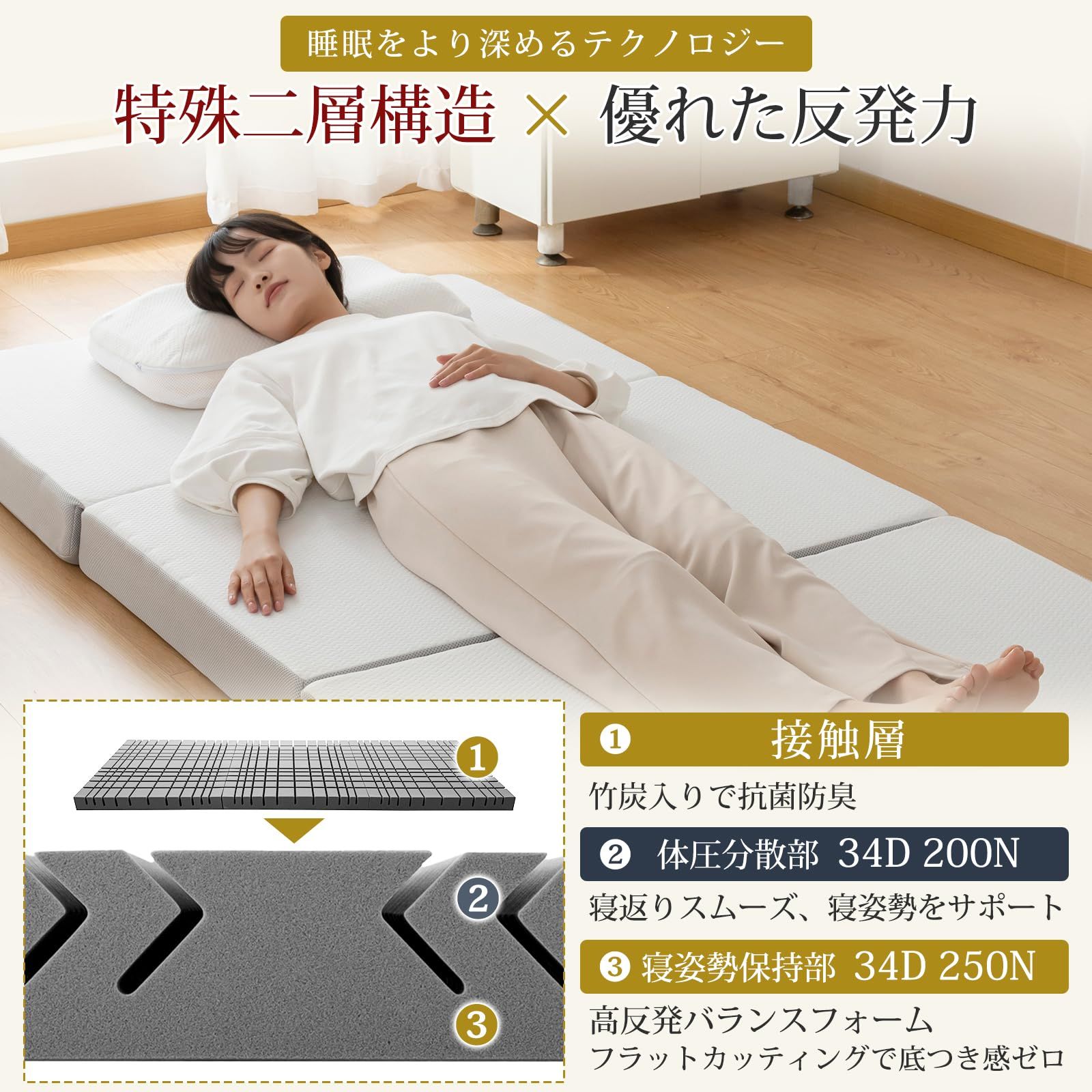 Softime マットレス シングル 三つ折り 2層構造 200N/250N腰部徹底