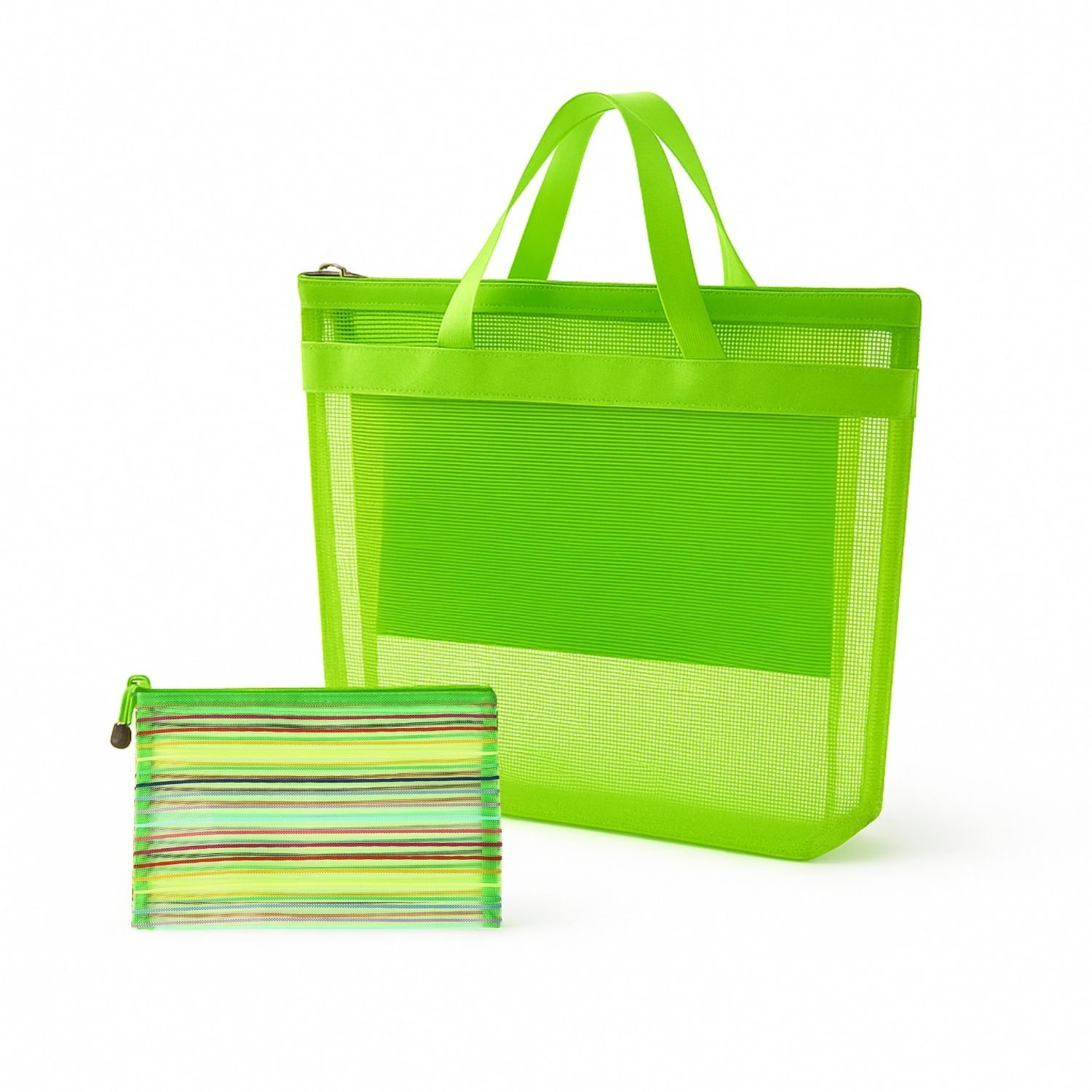 新品】メッシュトート＆ストライプポーチ 2点セット／軽量 A5収納可