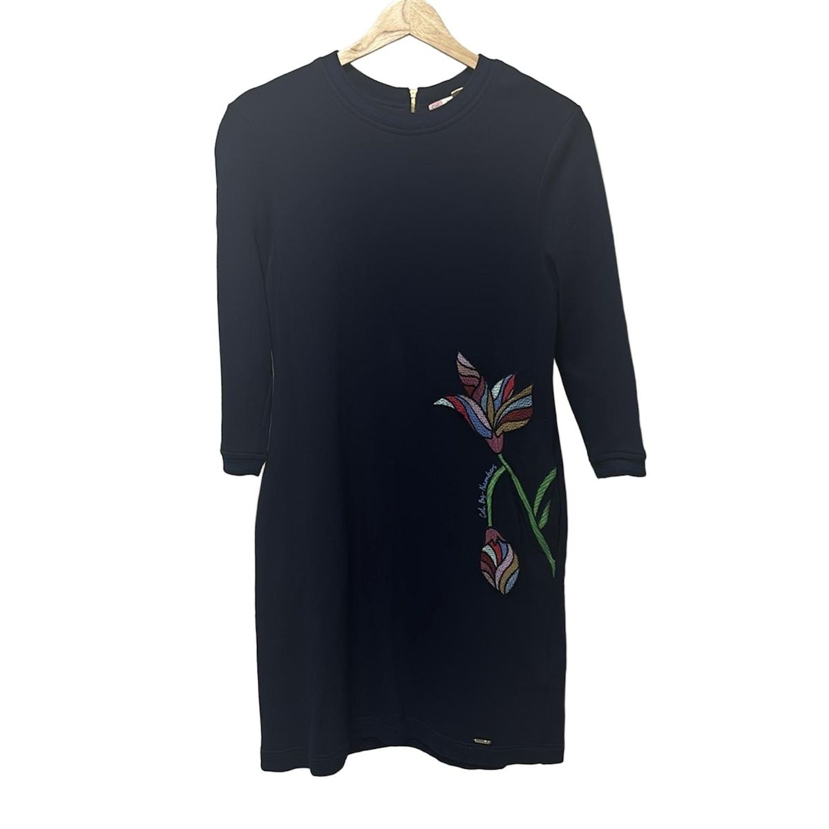 テッドベイカー ワンピース サイズ2 M レディース - ネイビー×グリーン×マルチ クルーネック 七分袖 ひざ丈 刺繍 フラワー 花
