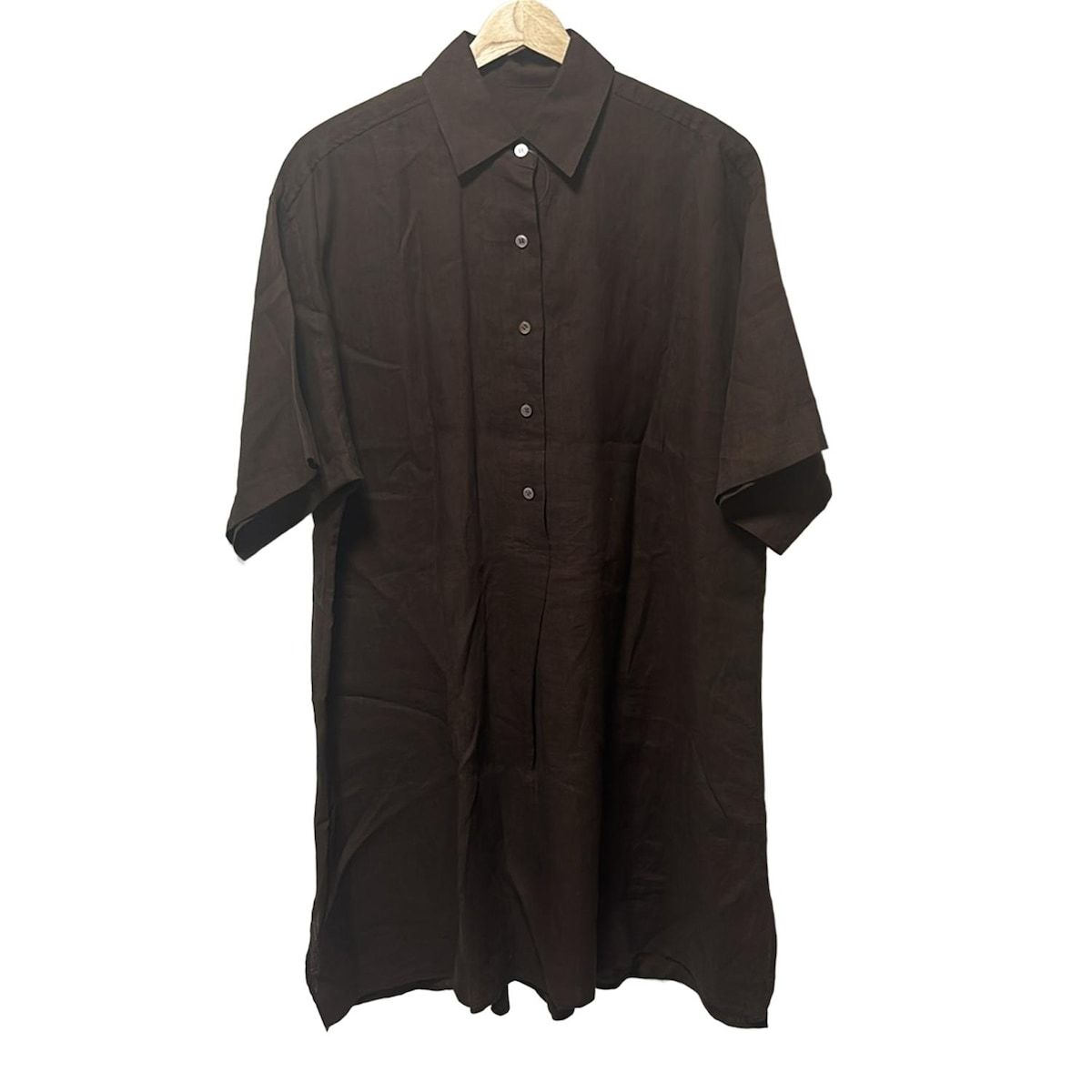 DEUXIEME CLASSE ドゥーズィエム ワンピース レディース - ダークブラウン レギュラー 半袖 ひざ丈 麻 シャツワンピ