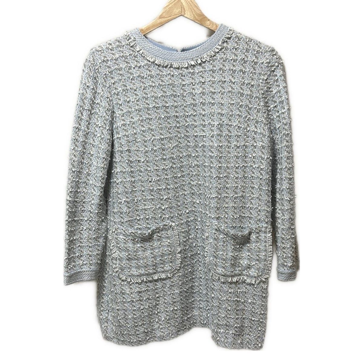 Leilian レリアン ワンピース サイズ11 M レディース - ライトブルー×白×黒 クルーネック 長袖 ひざ丈 フリンジ ラメ