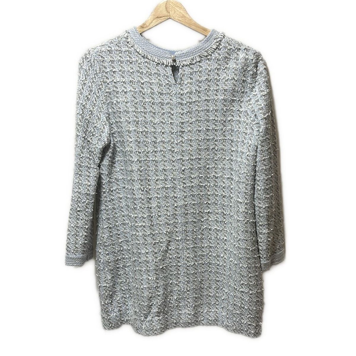 Leilian レリアン ワンピース サイズ11 M レディース - ライトブルー×白×黒 クルーネック 長袖 ひざ丈 フリンジ ラメ