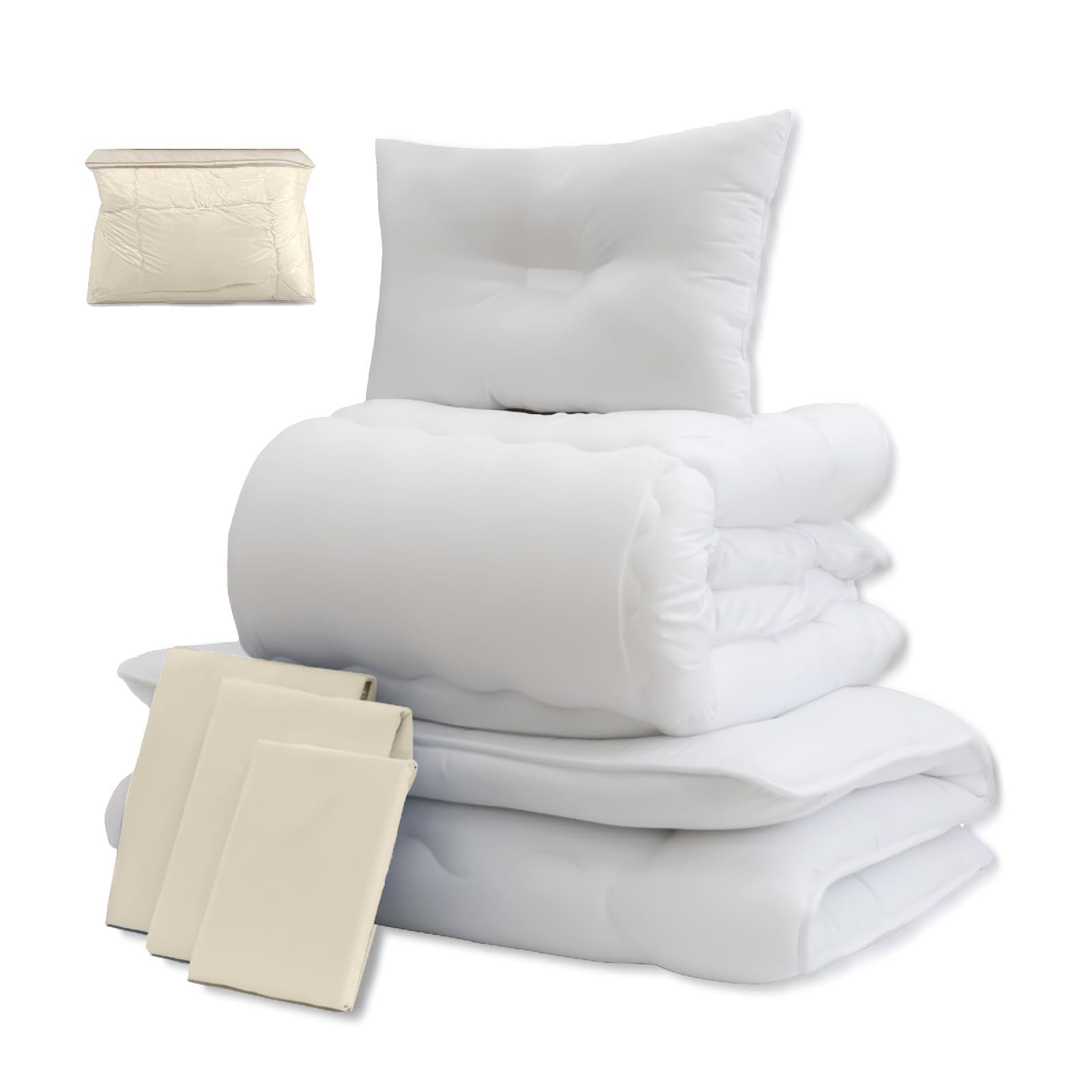 TEIJIN 布団セット防ダニ 抗菌防臭 カバー付き 収納袋付き 3層構造敷布団 洗える掛布団と枕 オールシーズン 快適 マイティトップⅡ テイジングルー ベージュ セミダブル