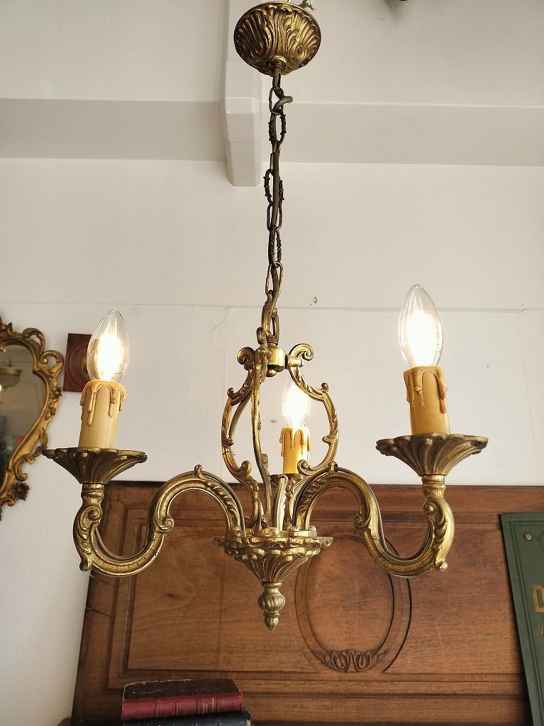 フランス アンティーク ブロンズ ケージ 装飾 シャンデリア 3灯 照明