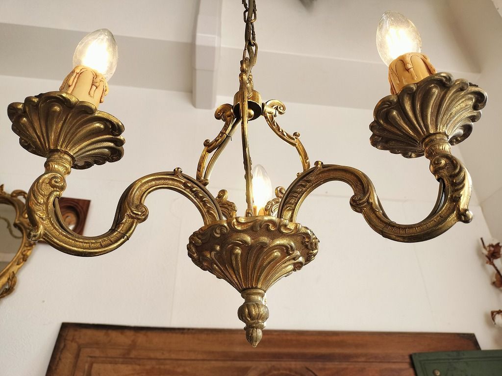 フランス アンティーク ブロンズ ケージ 装飾 シャンデリア 3灯 照明