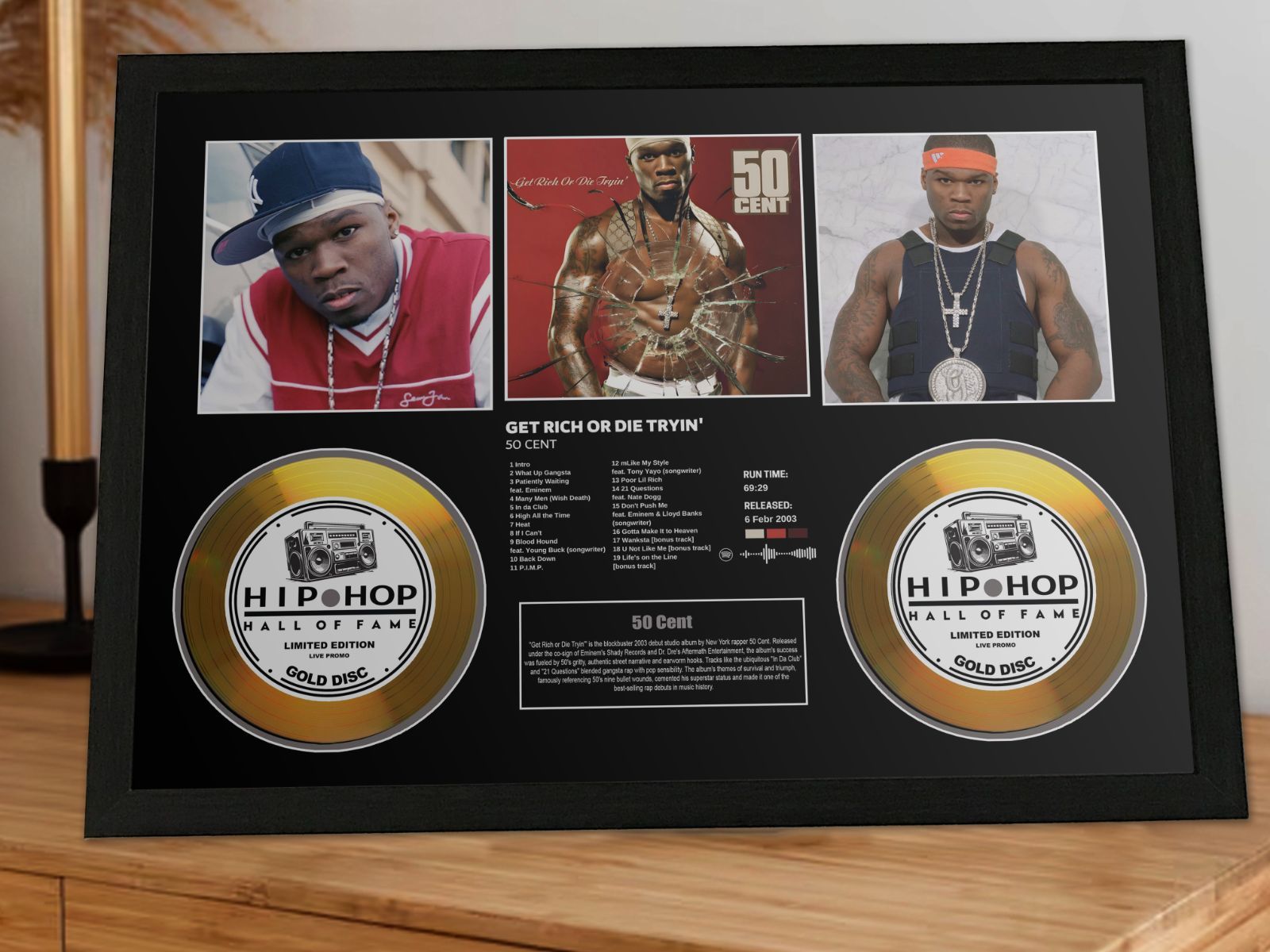 50セント 50 cent Get Rich Or Die Tryin ゲット リッチ オア ダイ トライン hiphop セレブリティー アイコンフレーム ロック g ゴールド 金 platinum プラチナム ディスク アルバム 証明書付 -1