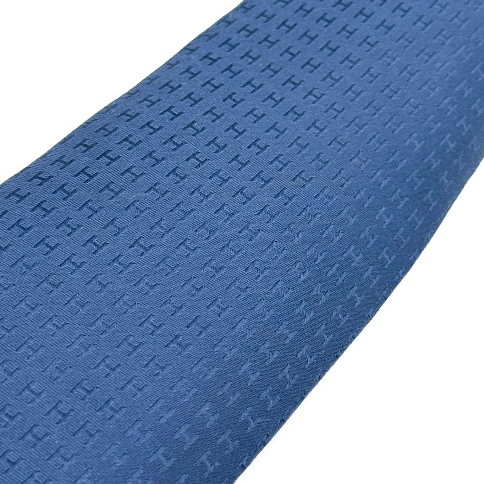 HERMES ネクタイ　イエロー　ネイビー　黄色　紺色　ファソネ　H柄　総柄　艶 h036321tl3-01.jpg