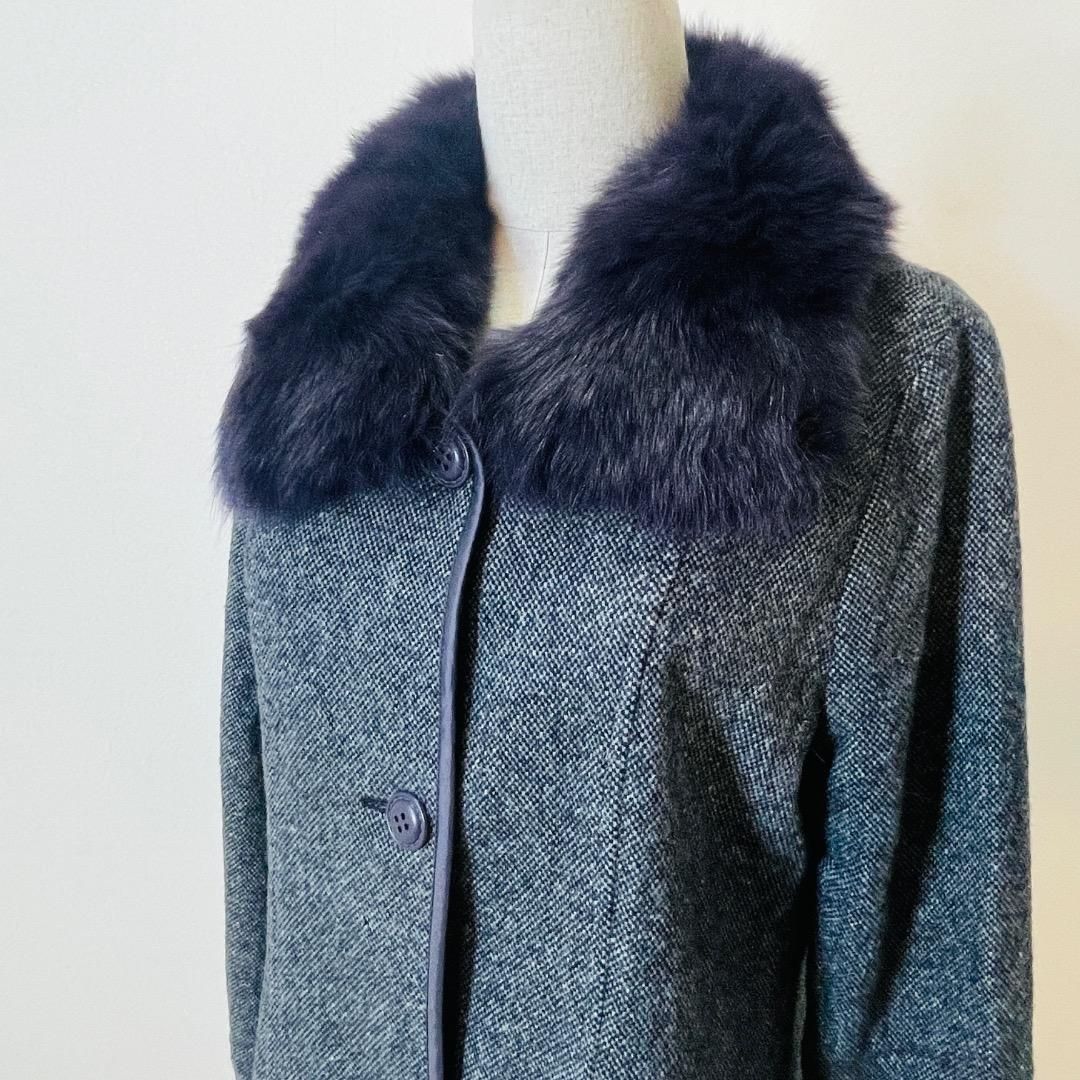 大きいサイズ　5L ファー ロングコート ブルーフォックス　美品　y30 美品】デザイナーズ ウール ブルーフォックス ファー取り外し可能