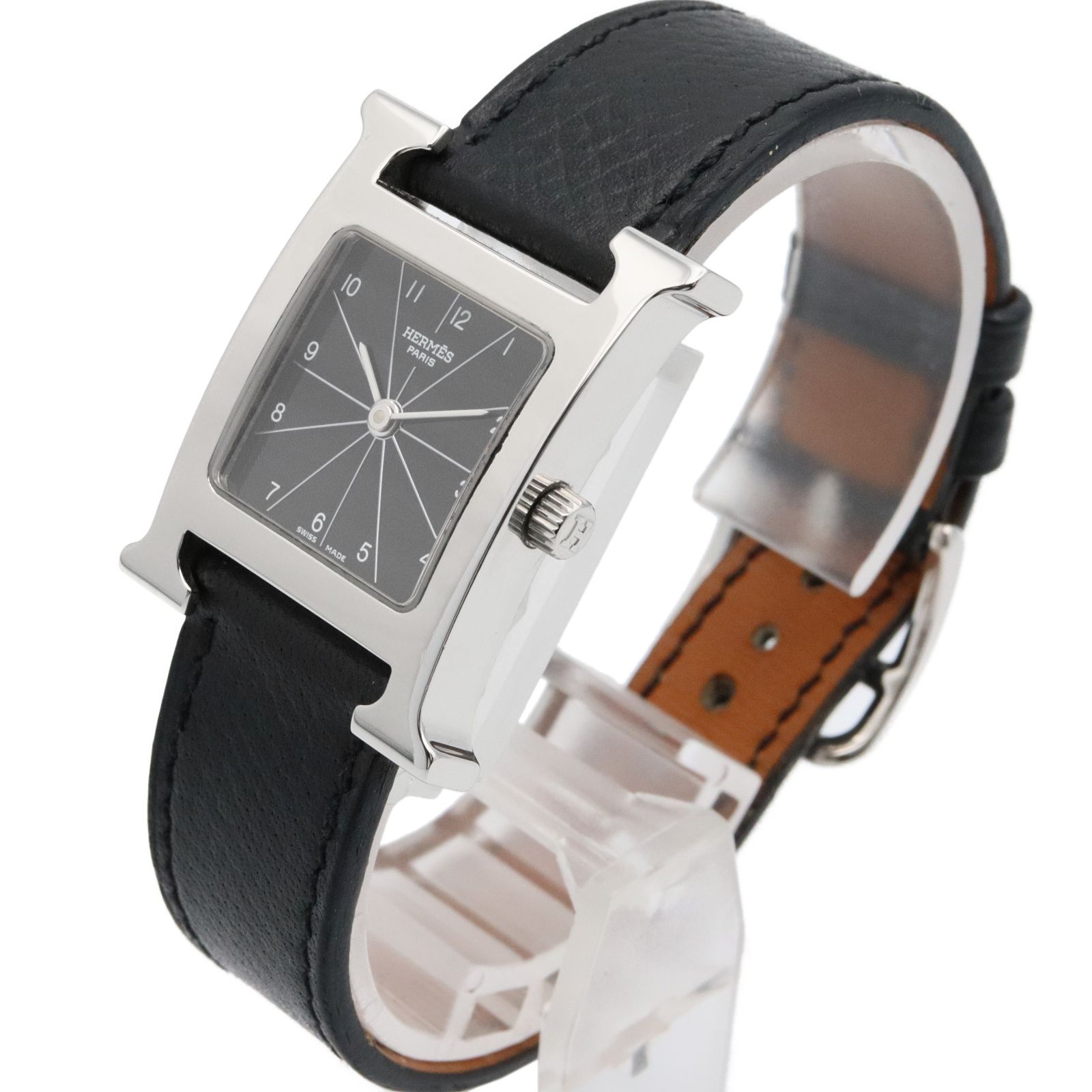 エルメス HERMES 腕時計 Hウォッチ HH 1.210 ブラック ステンレススチール レザー レディース A