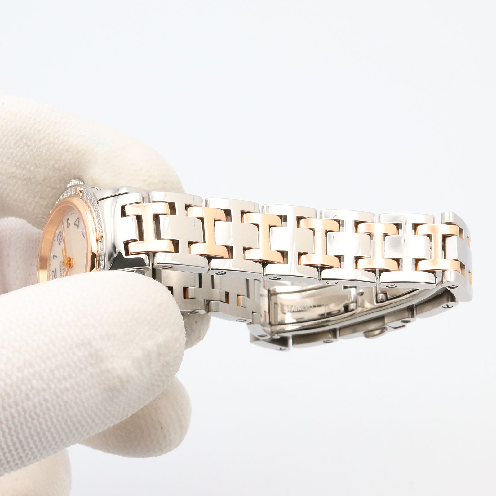  エルメス HERMES 腕時計 クリッパー ダイヤベゼル CP 1 222 ホワイトシェル ステンレススチール ダイヤモンド レディース A その他 時計