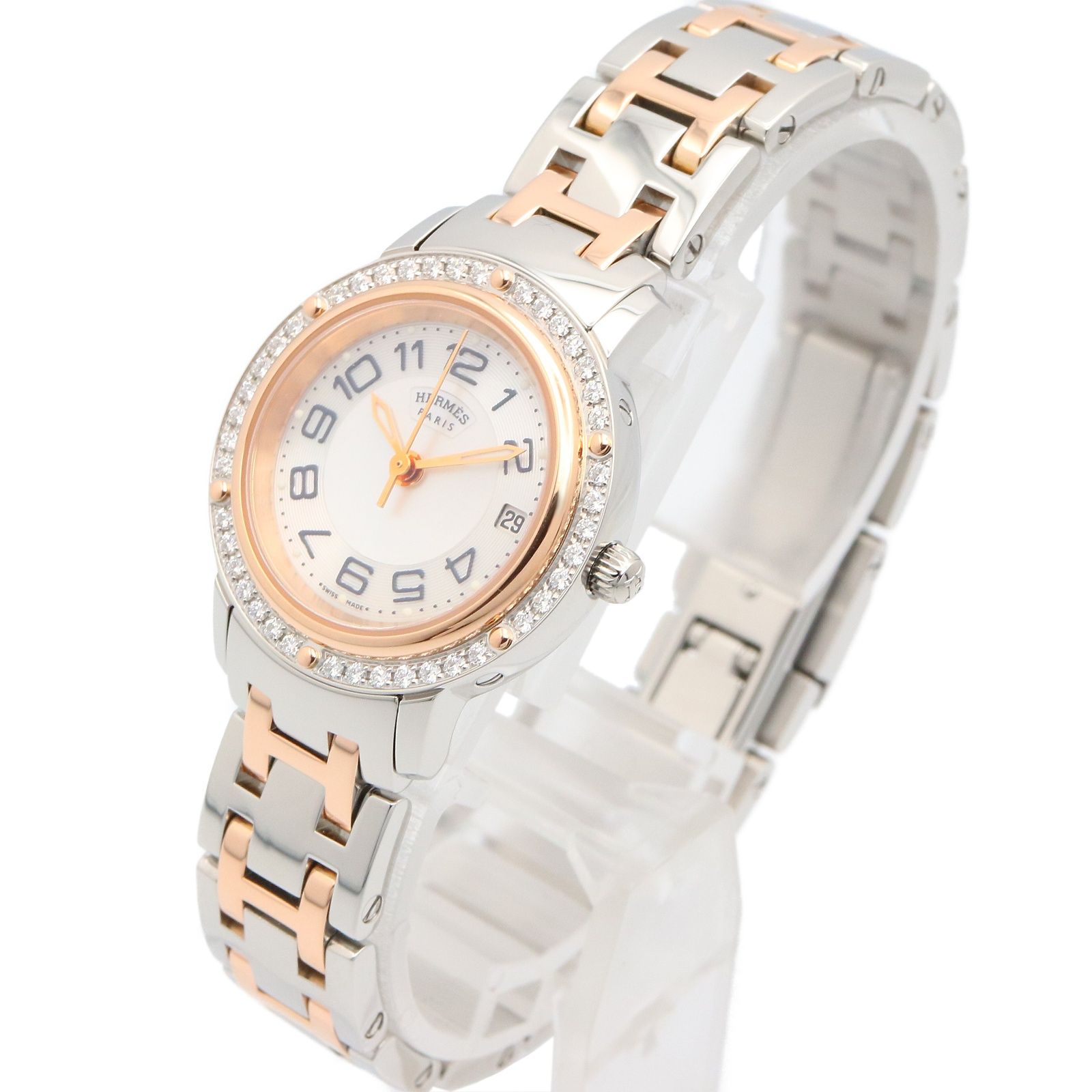 エルメス HERMES 腕時計 クリッパー ダイヤベゼル CP 1.222 ホワイトシェル ステンレススチール ダイヤモンド レディース A