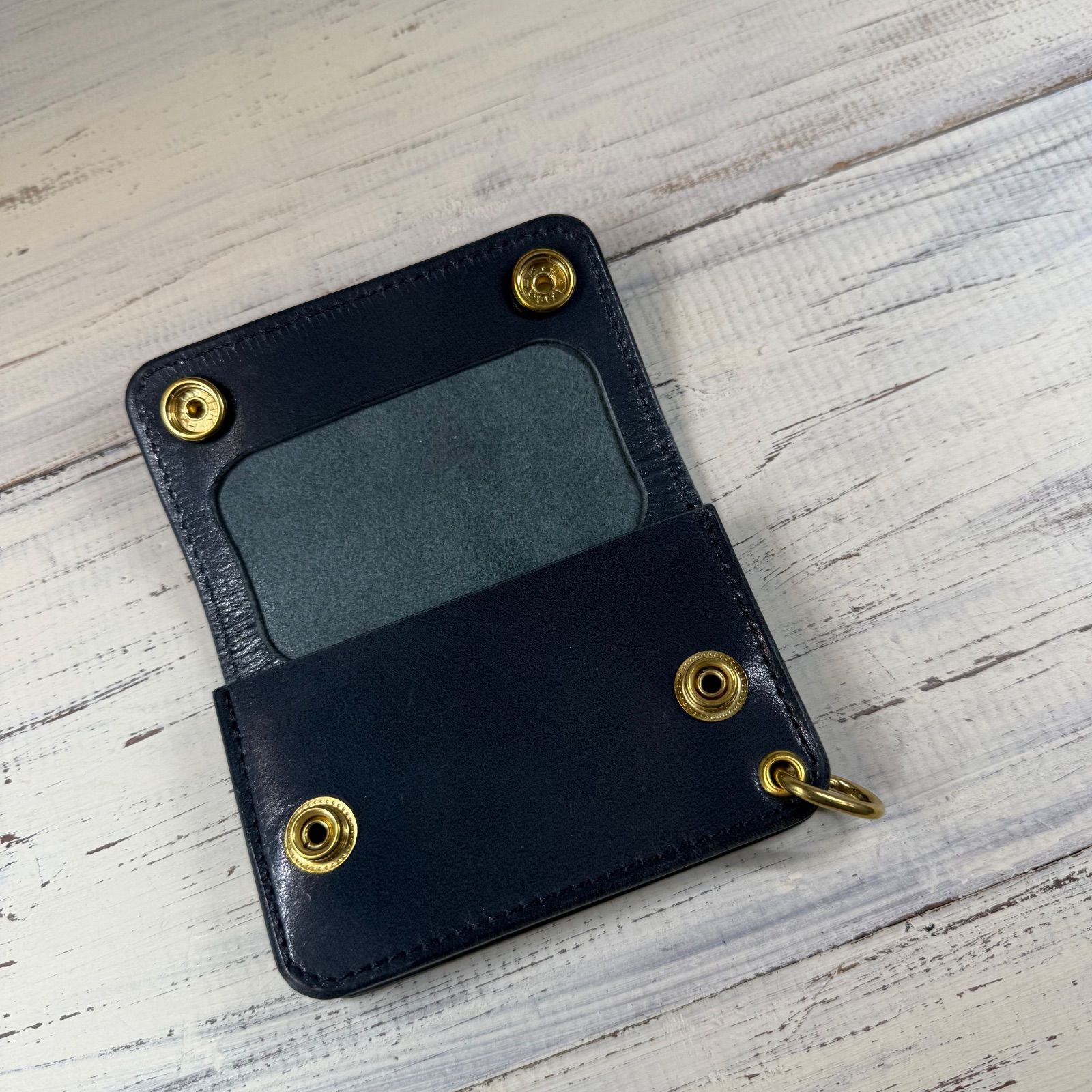 【トラッカーウォレット ミドル 3層】 ブライドルレザー ゴールド ネイビー トラッカーウォレット ミニ】 ネイビー ゴールド 本革 青 財布 ミニ