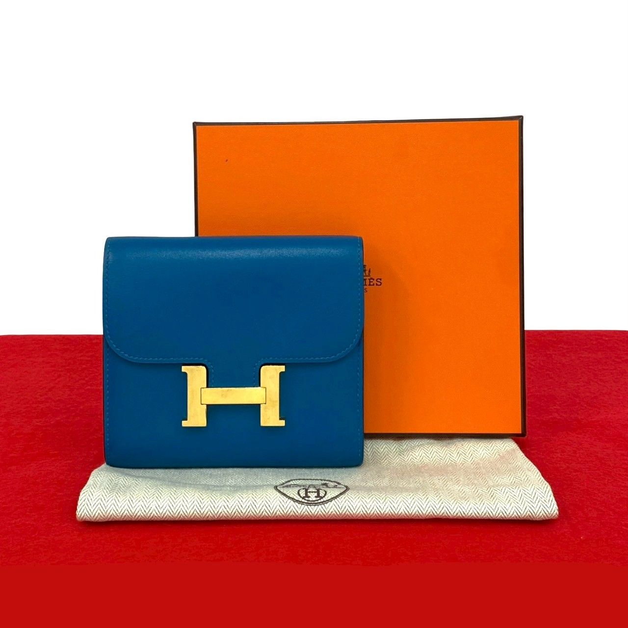 箱 袋付き A 刻印 HERMES エルメス コンスタンス コンパクト カーフ レザー 本革 二つ折り財布 ミニ ウォレット ブルー 28793
