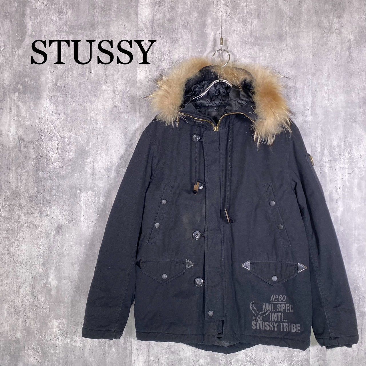 STUSSY』ステューシー (M) ファーフードジャケット Stussy 黒 ファー
