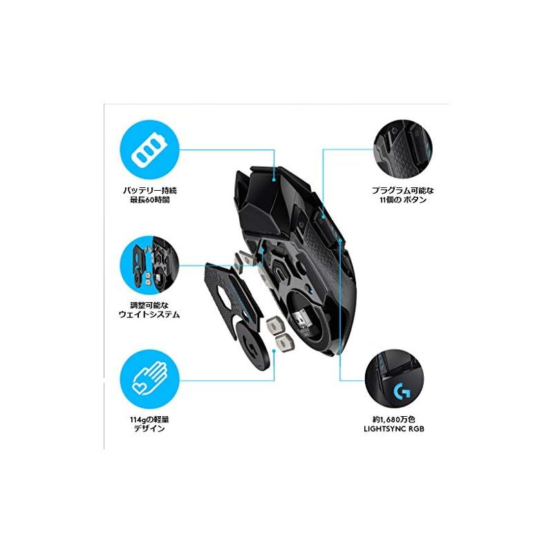 Logicool G ゲーミングマウス 502 WL ワイヤレス ゲーミング マウス HERO 25 K センサー RGB プログラムボタン 無線 充電 対応 ブラック PC windows 1