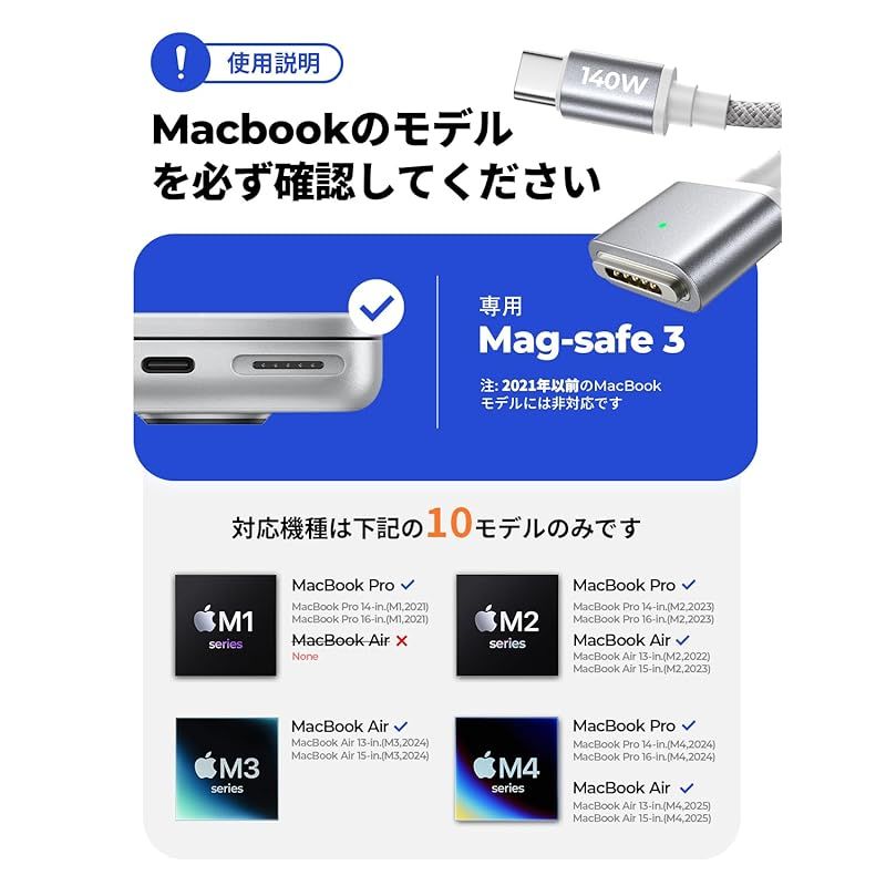 LISEN 140W Macbook Air 充電ケーブル (2m、PD3.1超高速充電) Macbook