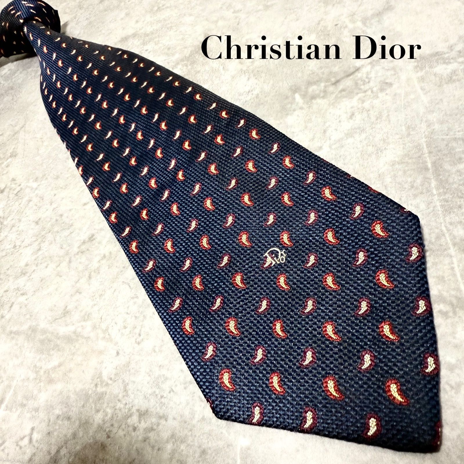 Christian Dior ネクタイ シャンブレー 無地 ワンポイントロゴ Christian Dior ディオール ネクタイ ペイズリー ネイビー ワン